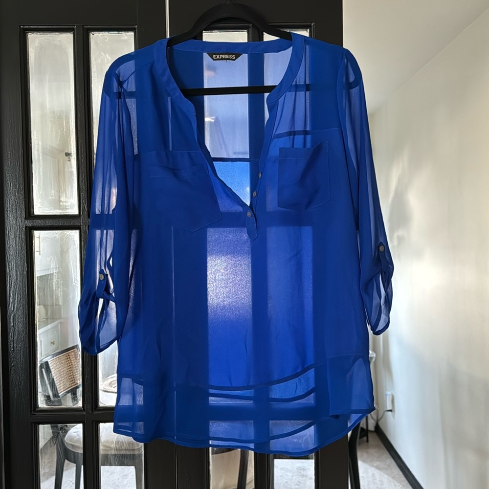 Express Blue Portofino Three Button Top